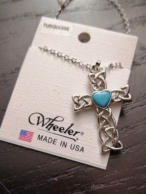 Sterling-Style Celtic Cross Necklace with Turquoise Heart Pendant On Chain.New